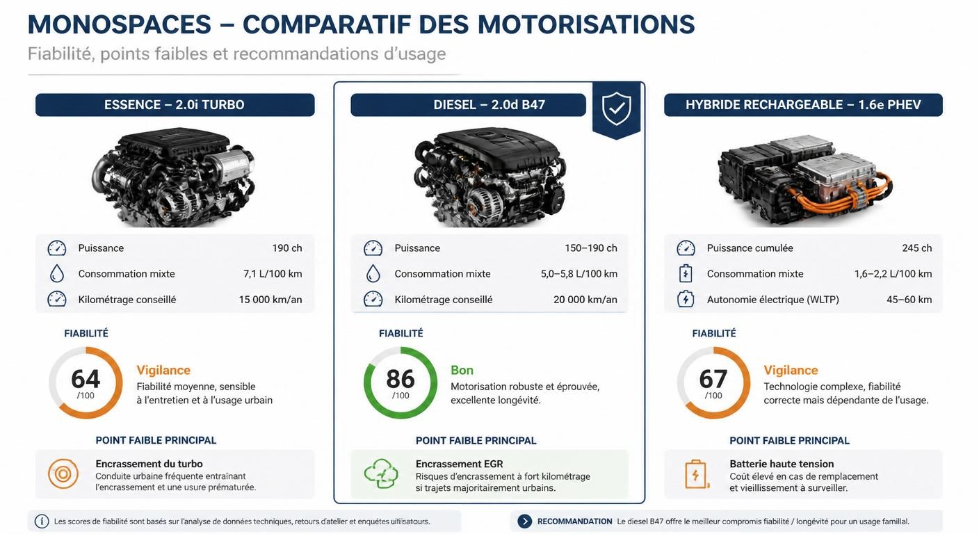 Infographie comparant la fiabilité des motorisations essence, diesel et hybride de la BMW Série 2 Active Tourer