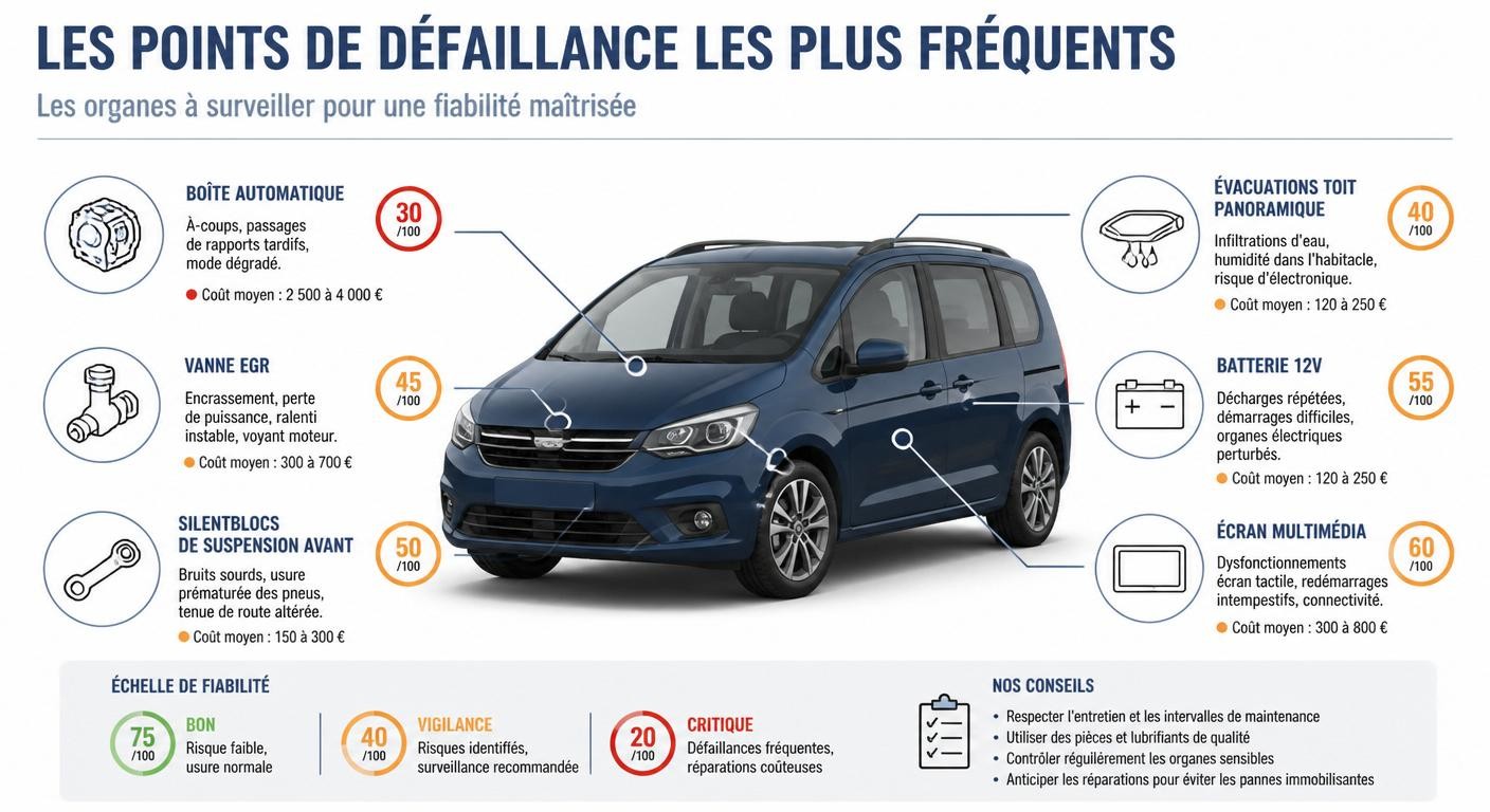 Infographie des principaux points de vigilance mécaniques et électroniques de la BMW Série 2 Active Tourer