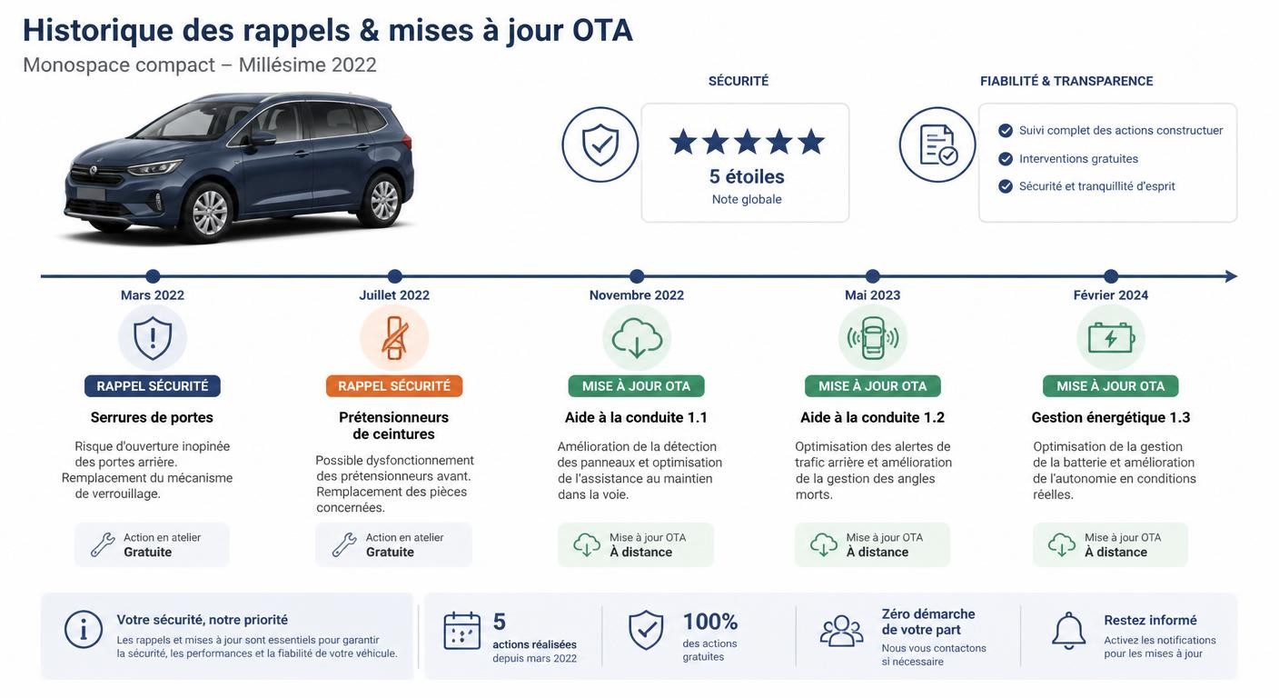 Infographie des rappels constructeur et du niveau de sécurité de la BMW Série 2 Active Tourer