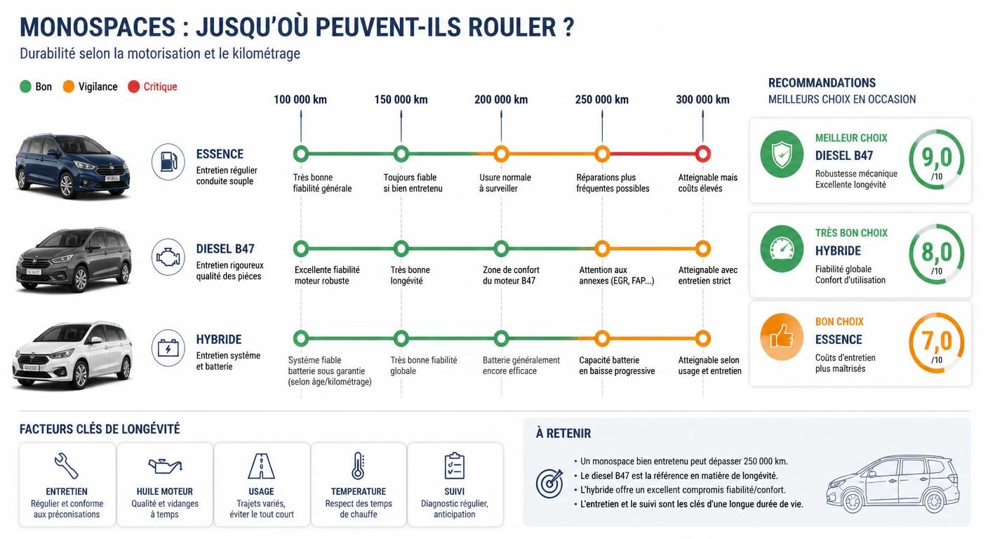 Infographie du kilométrage maximal et de la longévité par motorisation de la BMW Série 2 Active Tourer