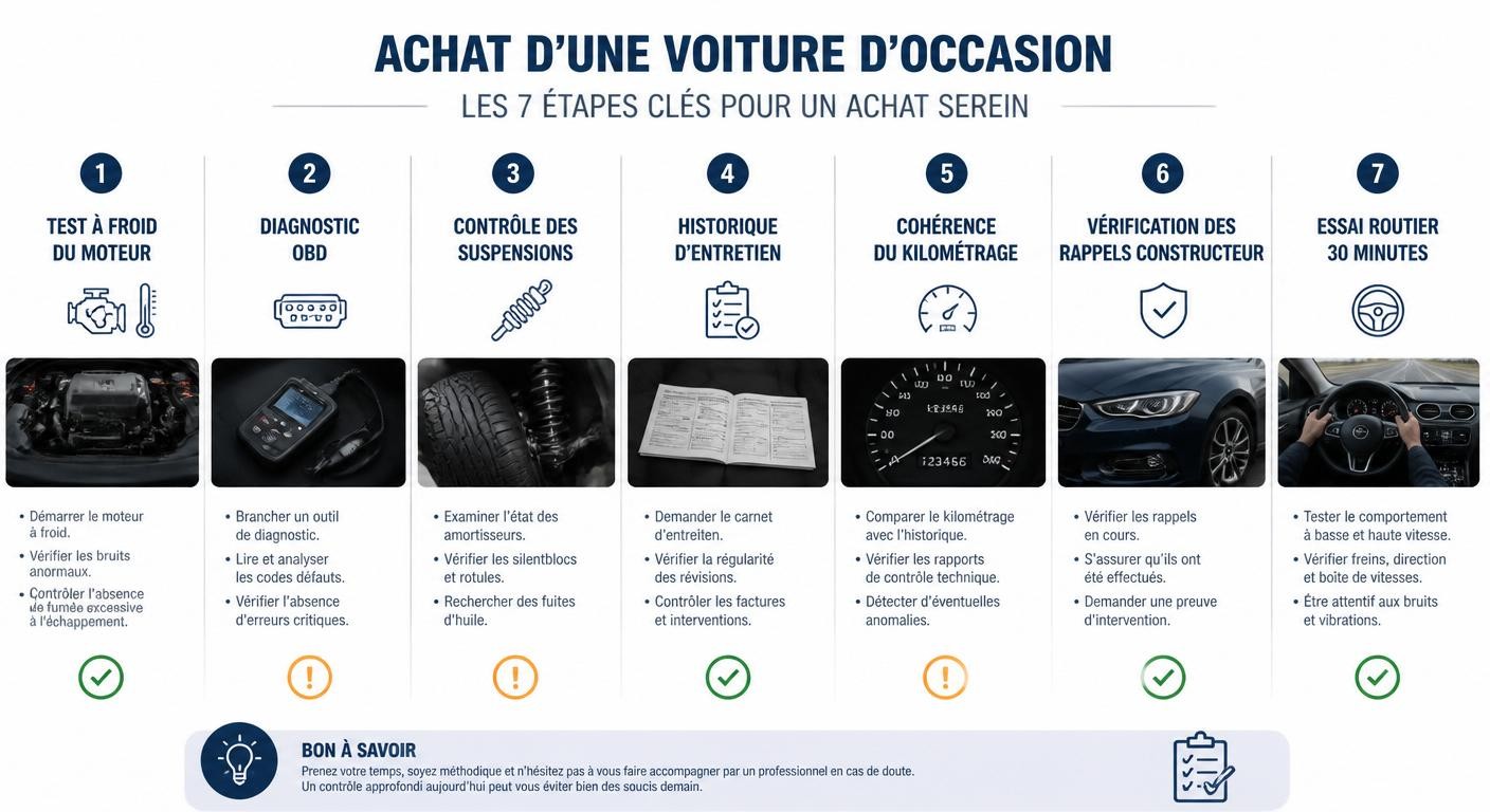 Infographie des étapes pour vérifier la fiabilité d'une BMW Série 2 Active Tourer avant l'achat