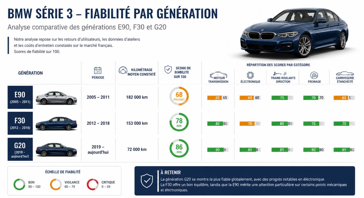 Infographie comparant les scores de fiabilité des trois générations de BMW Série 3