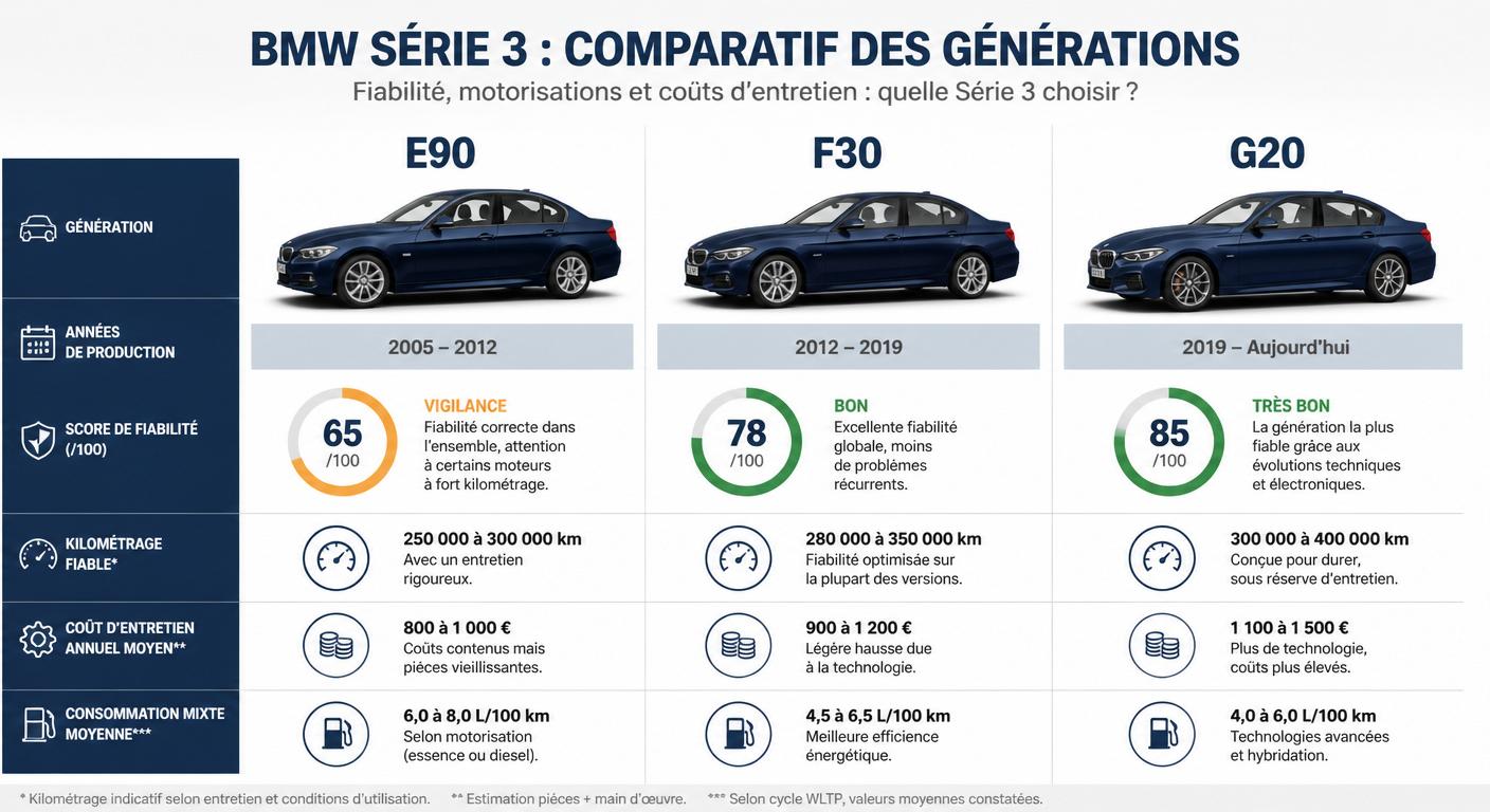 Infographie comparant les silhouettes et années de production des générations E90, F30 et G20 de la BMW Série 3