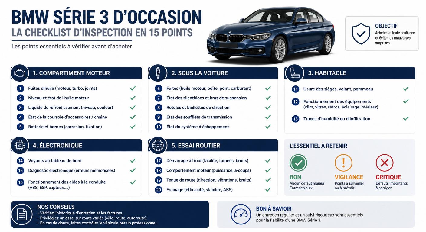 Infographie illustrant les 15 points d'inspection à réaliser avant l'achat d'une BMW Série 3 d'occasion