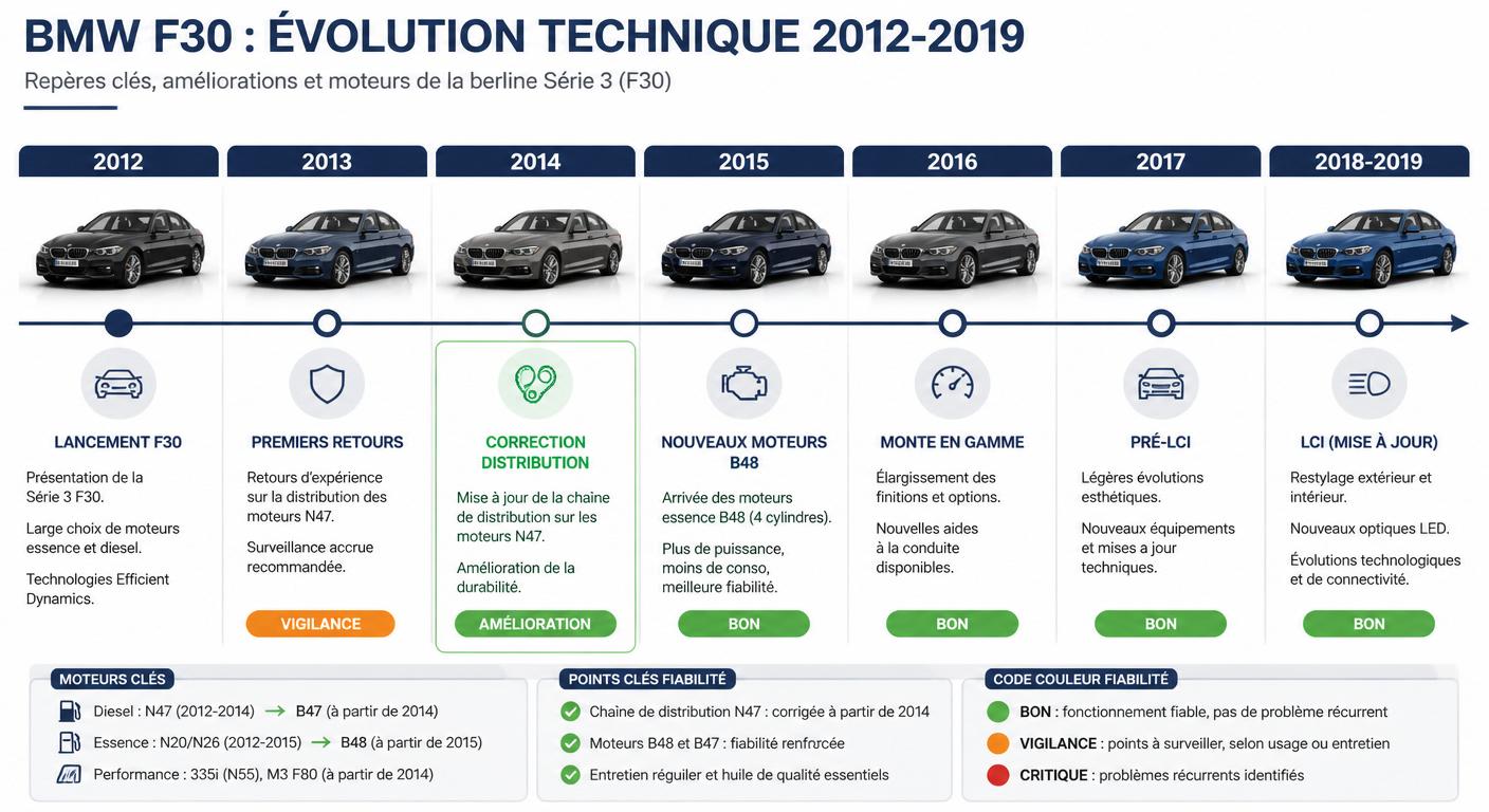 Frise chronologique des évolutions techniques de la BMW Série 3 F30 entre 2012 et 2019