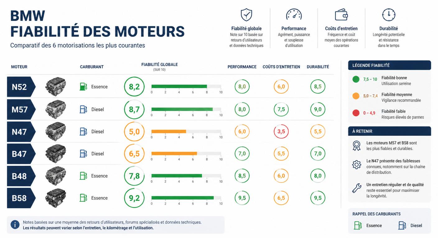 Infographie comparant les scores de fiabilité des six principaux moteurs équipant la BMW Série 3