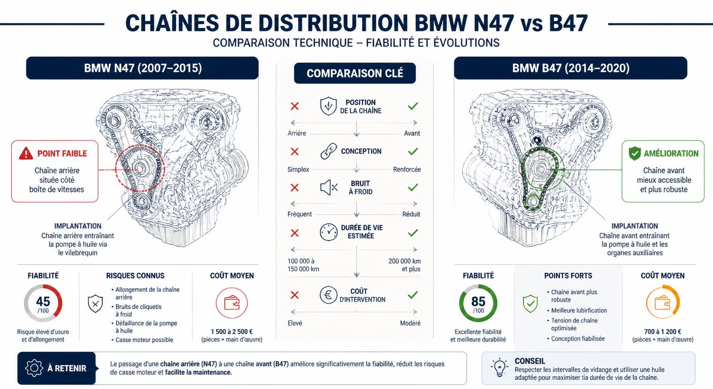 Schéma technique comparant les chaînes de distribution des moteurs BMW N47 et B47