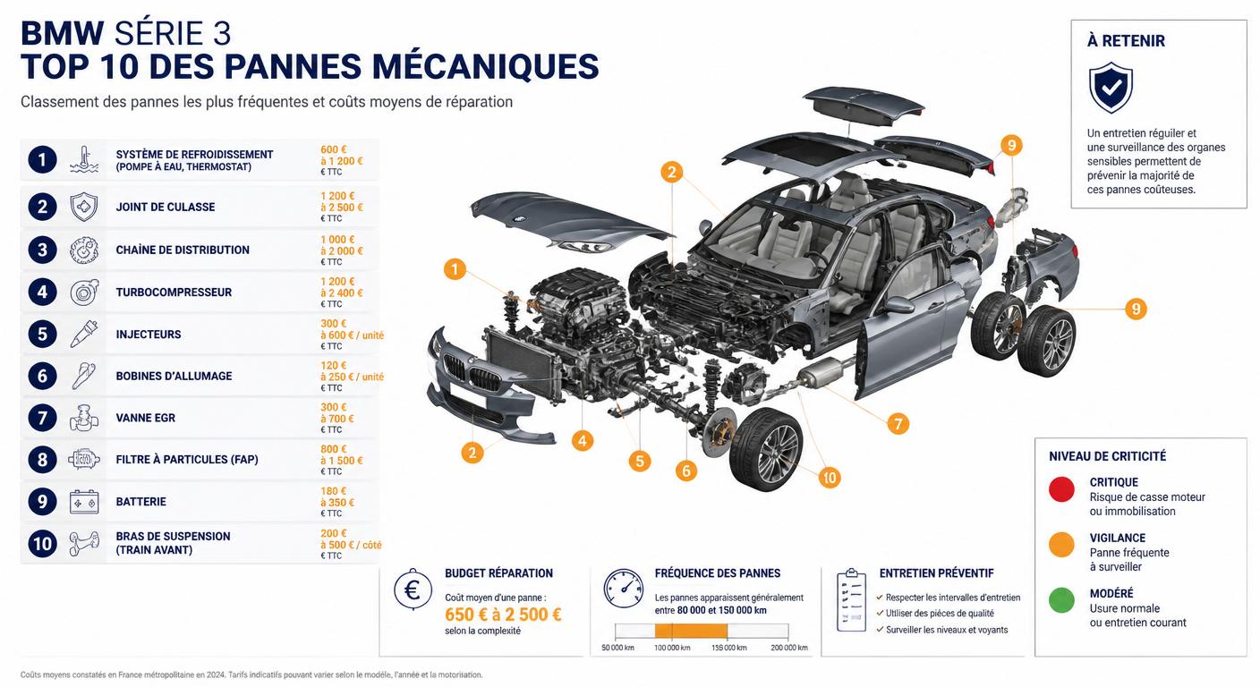 Infographie cartographiant les dix pannes les plus fréquentes de la BMW Série 3 avec leur coût de réparation