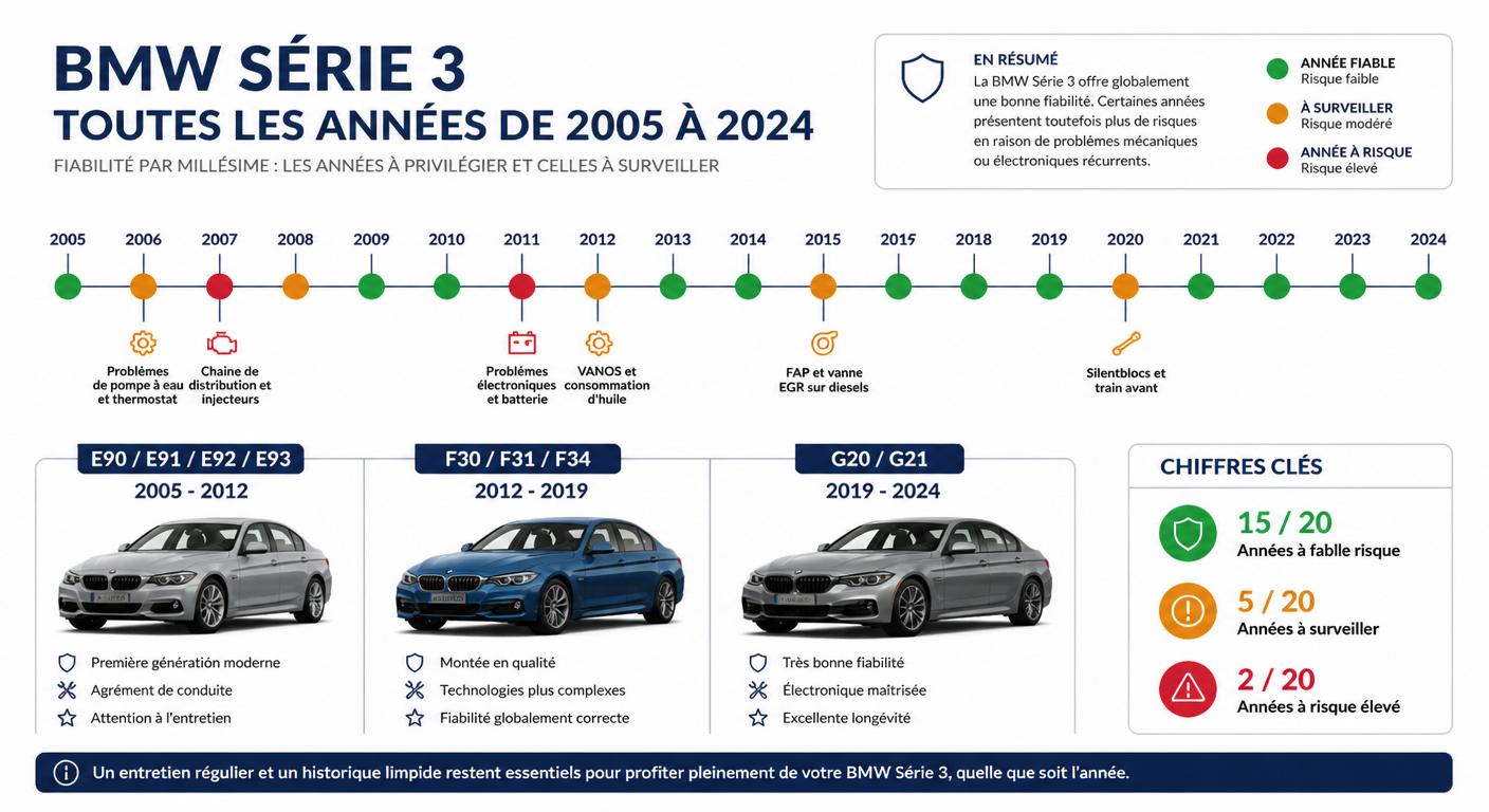 Frise chronologique identifiant les années à risque et les années fiables de production de la BMW Série 3
