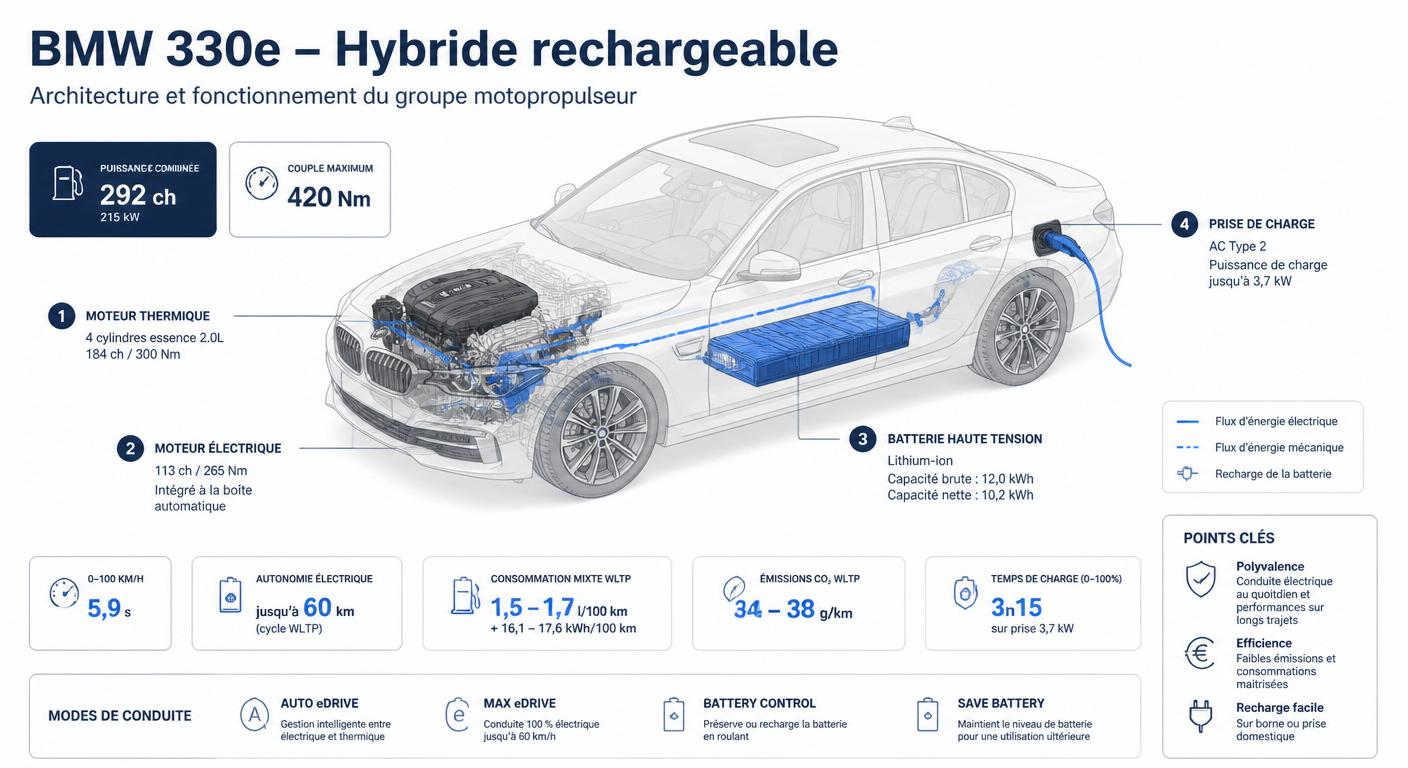 Infographie présentant l'architecture du groupe motopropulseur hybride rechargeable de la BMW 330e