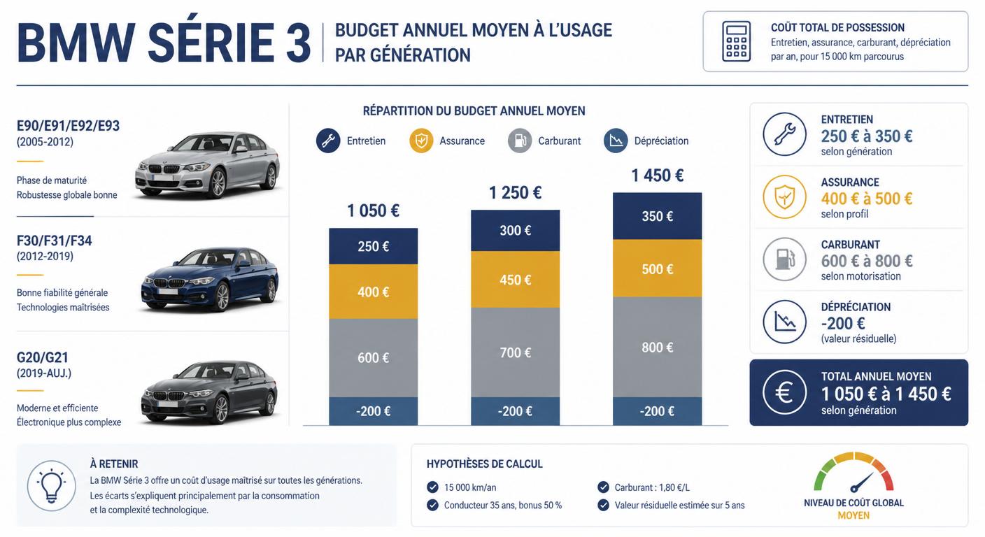 Infographie décomposant le budget annuel de possession d'une BMW Série 3 par génération
