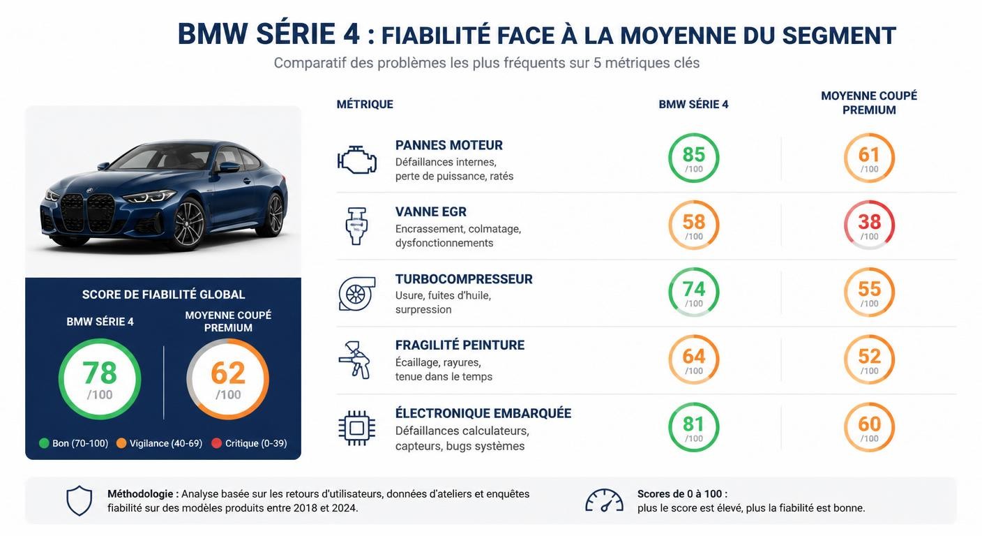 Infographie du score de fiabilité BMW Série 4 comparé au segment coupé premium