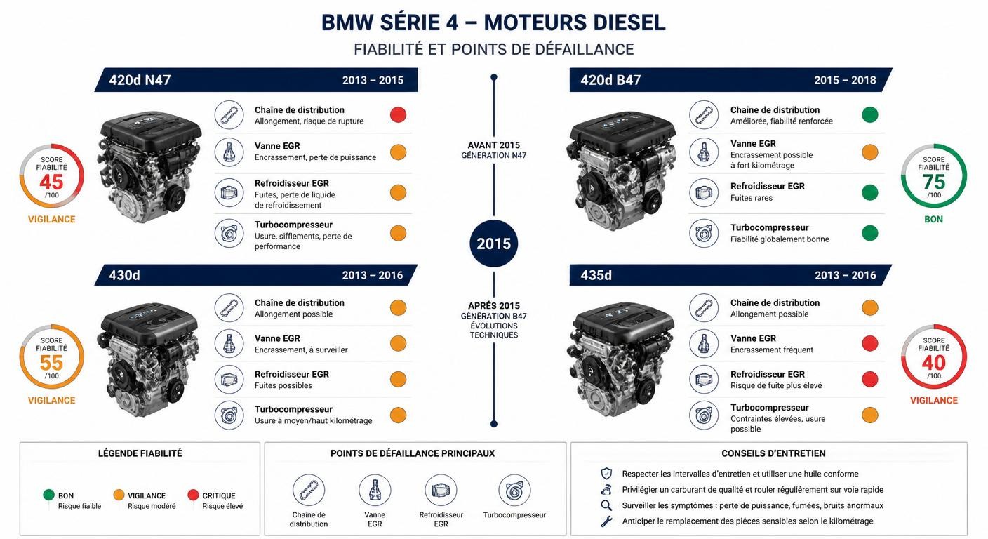 Infographie des points faibles des moteurs diesel BMW Série 4