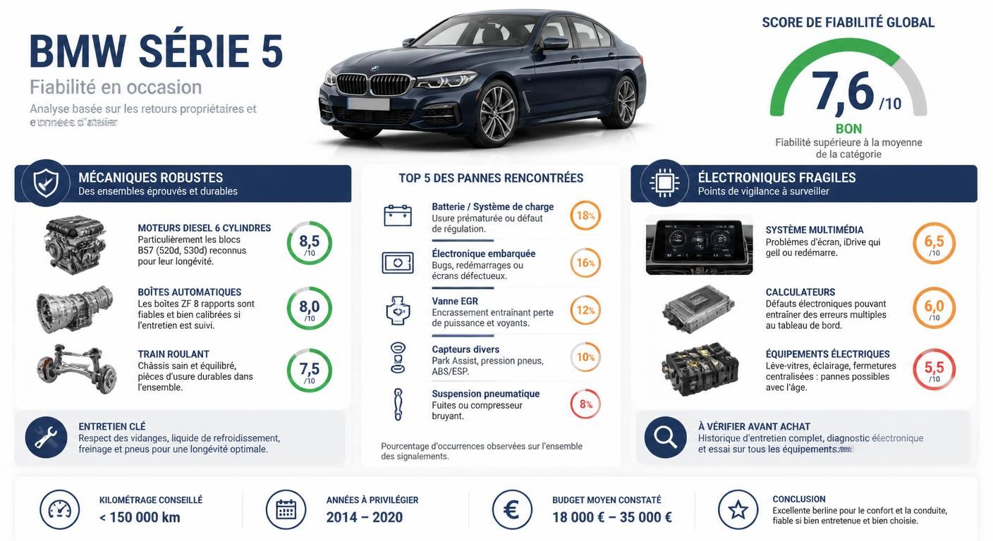 Infographie du verdict de fiabilité de la BMW Série 5 d'occasion