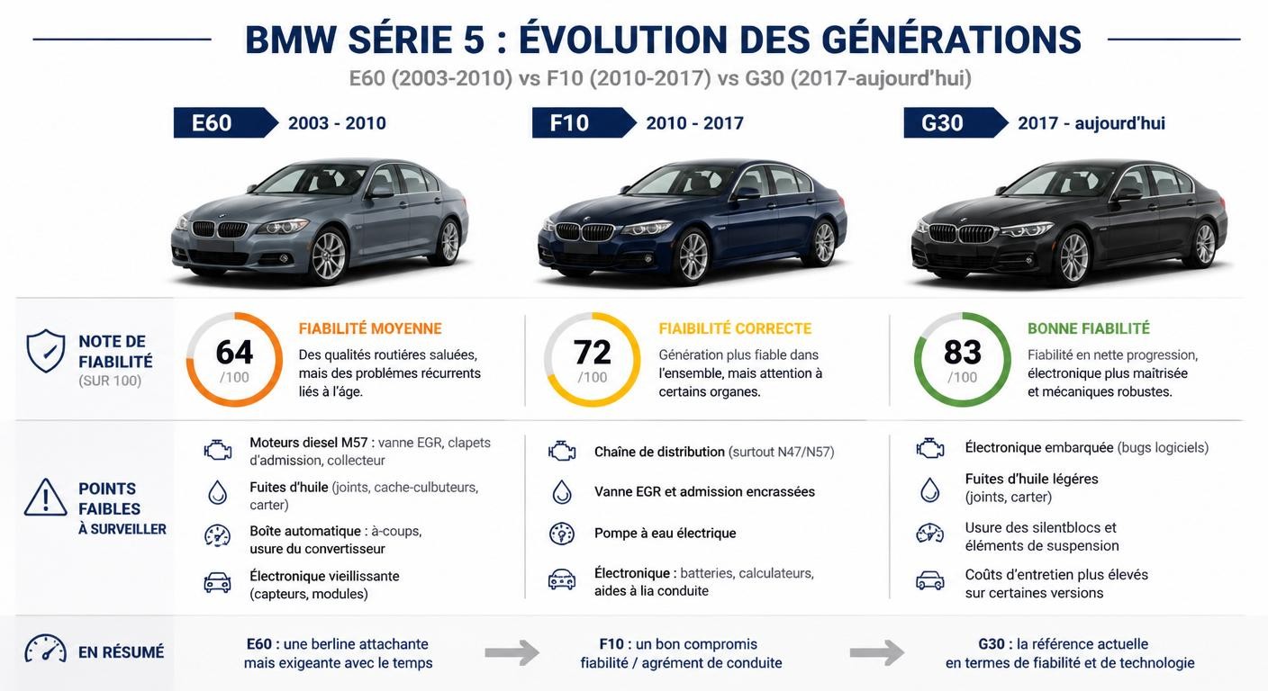 Infographie comparant la fiabilité des générations E60, F10 et G30 de la BMW Série 5