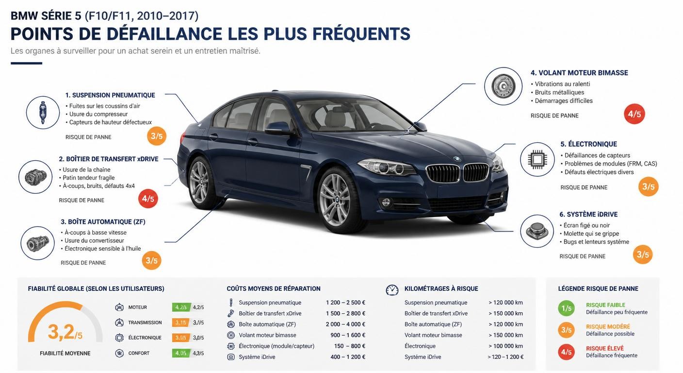 Infographie des pannes connues par organe sur la BMW Série 5