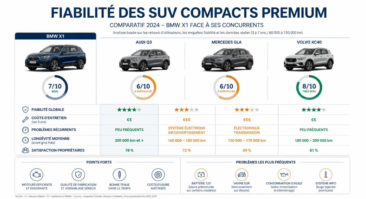 Comparaison du score de fiabilité du BMW X1 face aux SUV compacts premium concurrents