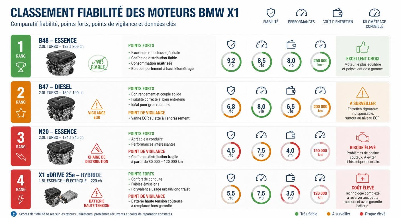 Classement de fiabilité des moteurs BMW X1 essence, diesel et hybride rechargeable