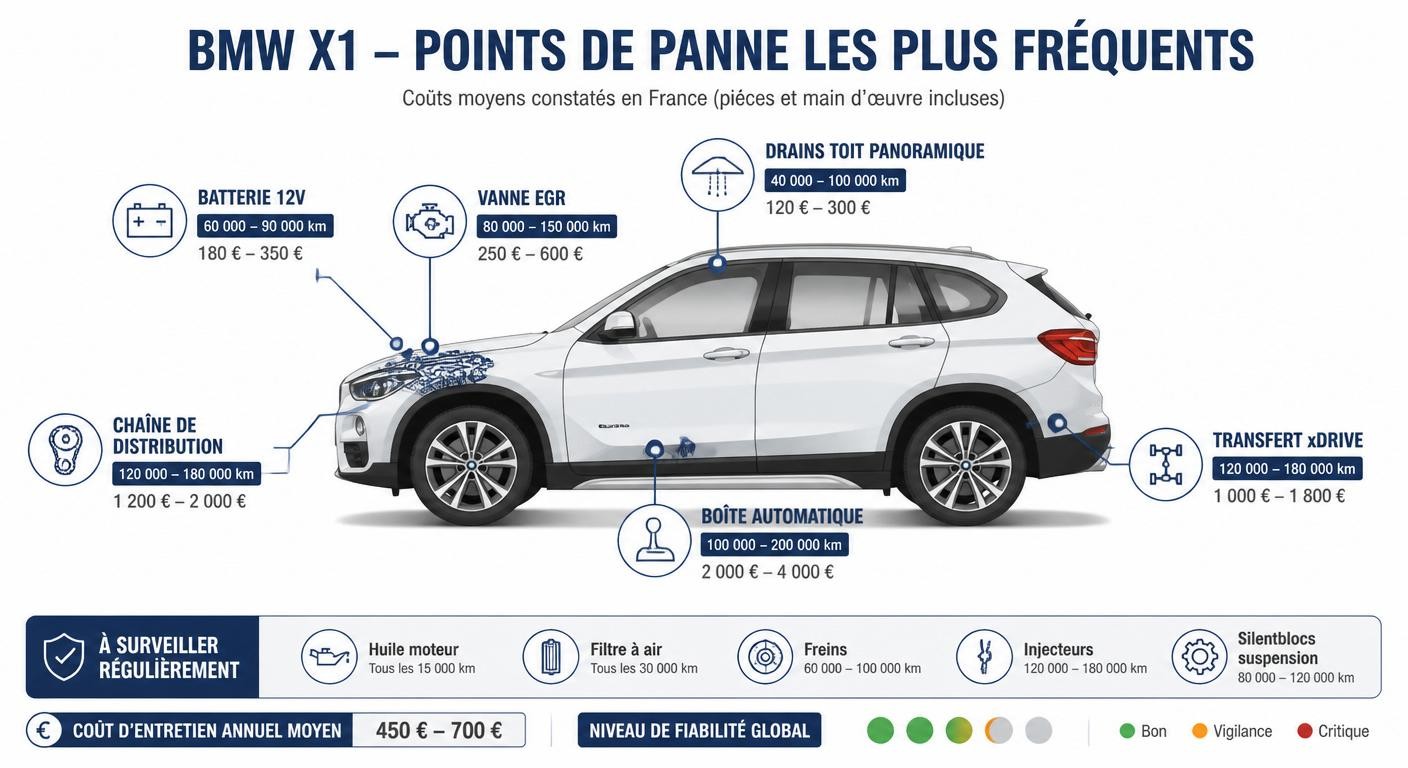 Carte des pannes les plus fréquentes du BMW X1 avec kilométrages et coûts de réparation