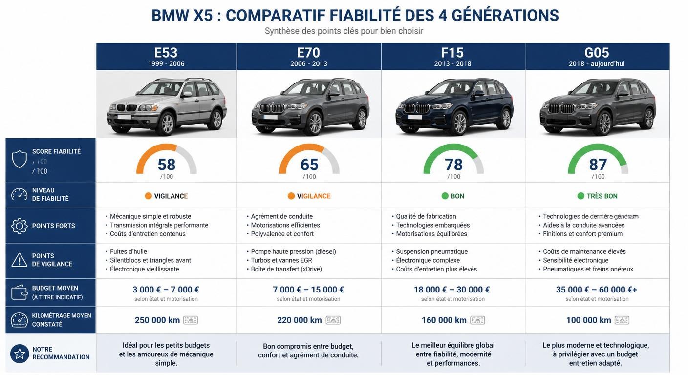 Infographie comparative de la fiabilité des quatre générations de BMW X5 E53, E70, F15 et G05