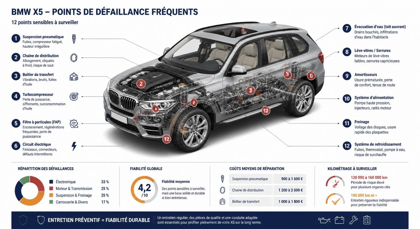 Infographie technique localisant les douze points de panne récurrents de la BMW X5