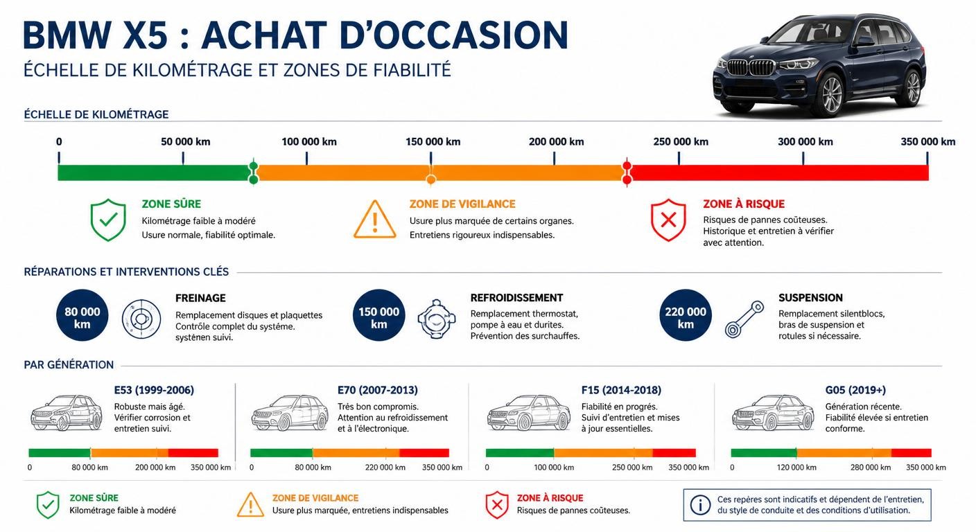 Infographie des zones de kilométrage sûres, à surveiller et risquées pour acheter une BMW X5 d'occasion