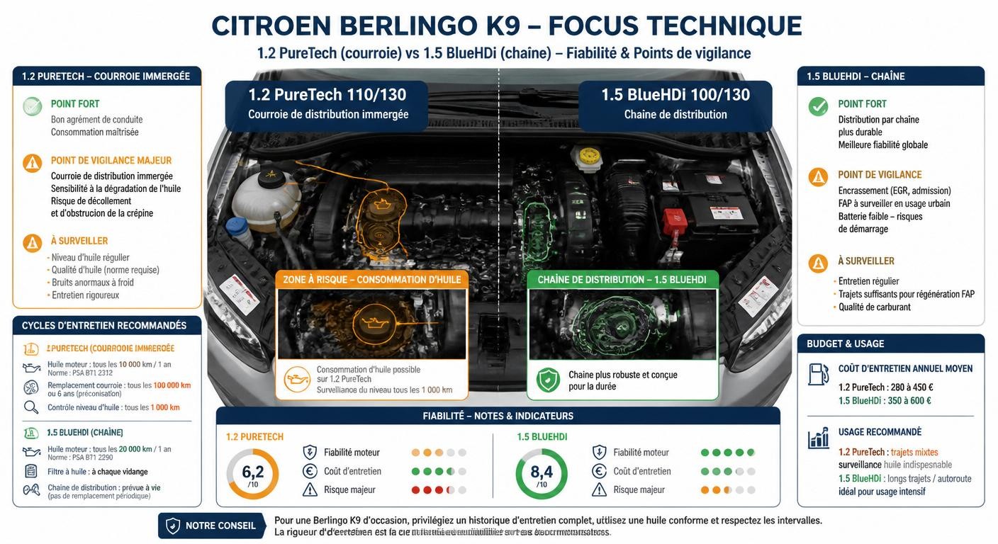 Schéma technique des zones à risque sur les moteurs 1.2 PureTech et 1.5 BlueHDi du Berlingo 3