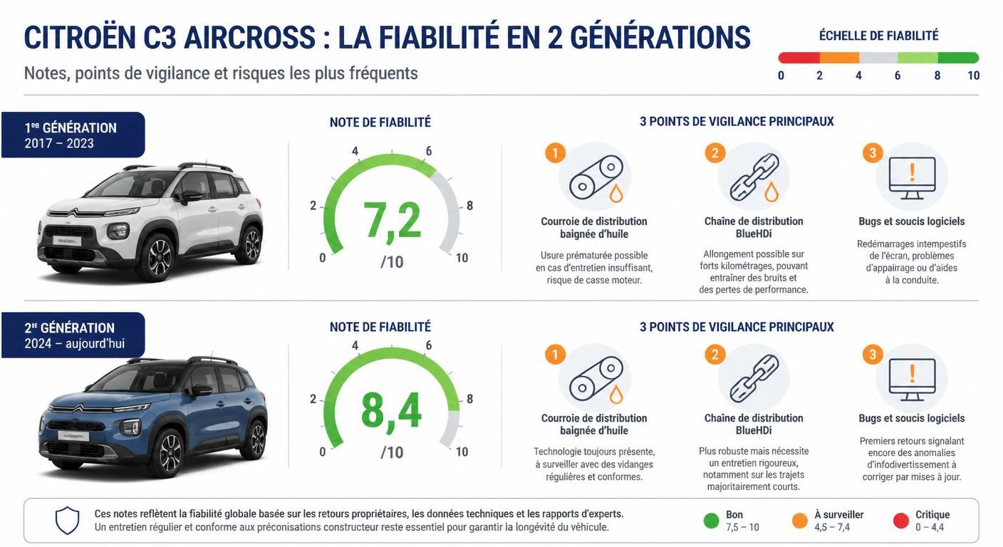 Infographie comparant la note de fiabilité du C3 Aircross 1ʳᵉ et 2ᵉ génération