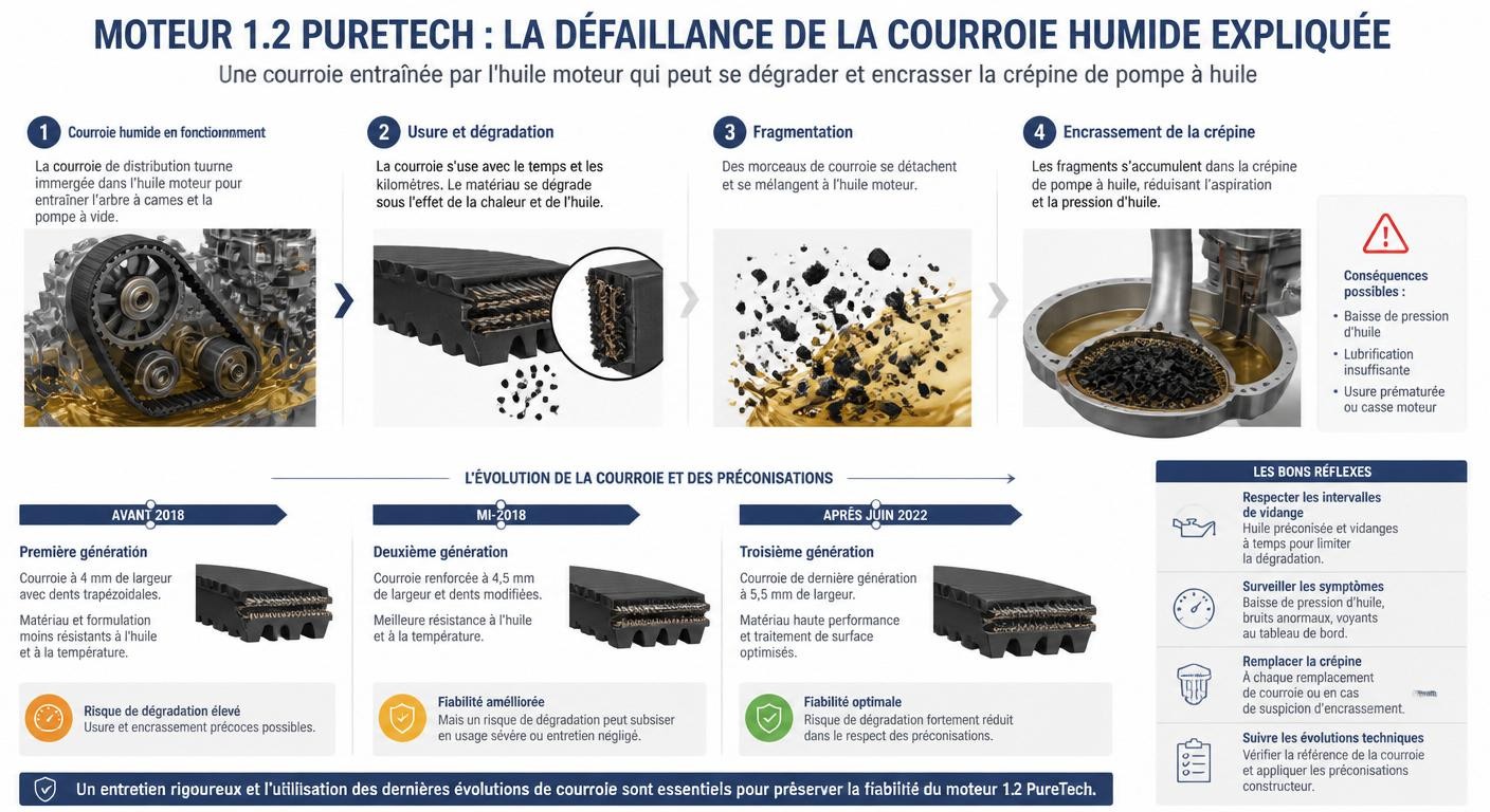 Infographie expliquant la défaillance de la courroie humide sur le moteur 1.2 PureTech de la C3 Aircross