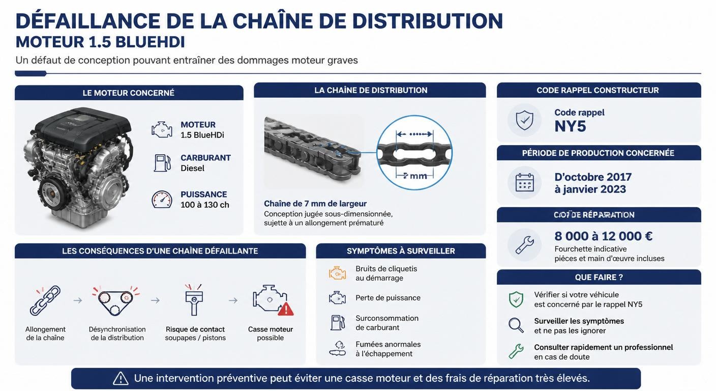 Infographie expliquant le rappel NY5 sur le moteur 1.5 BlueHDi de la Citroën C3 Aircross