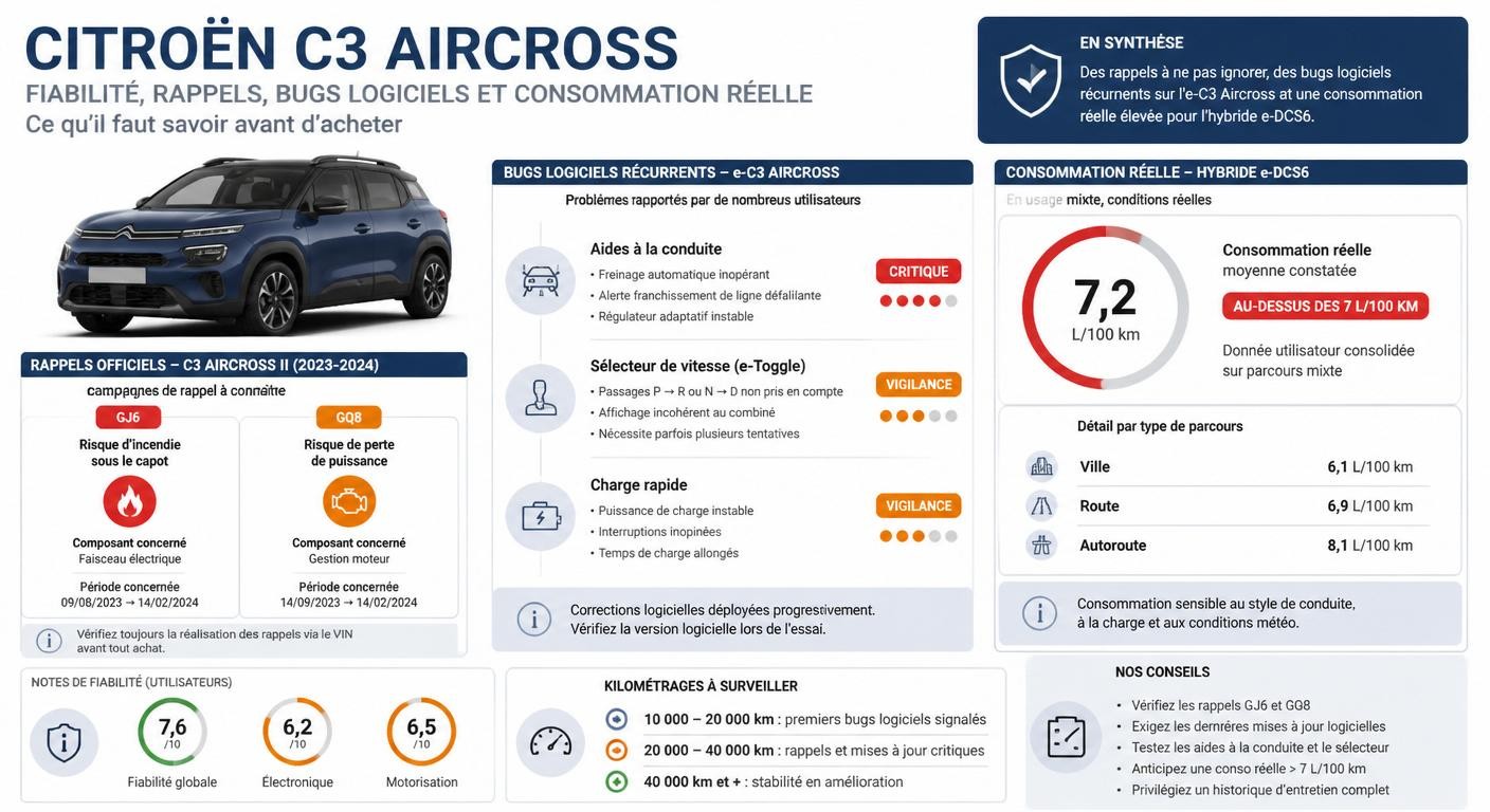 Infographie listant les rappels et bugs documentés sur la 2ᵉ génération du Citroën C3 Aircross