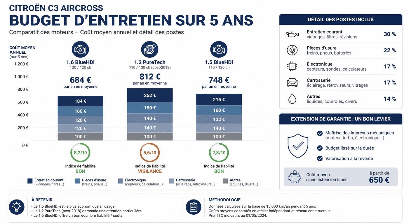 Infographie comparant le budget annuel d'entretien du C3 Aircross selon la motorisation