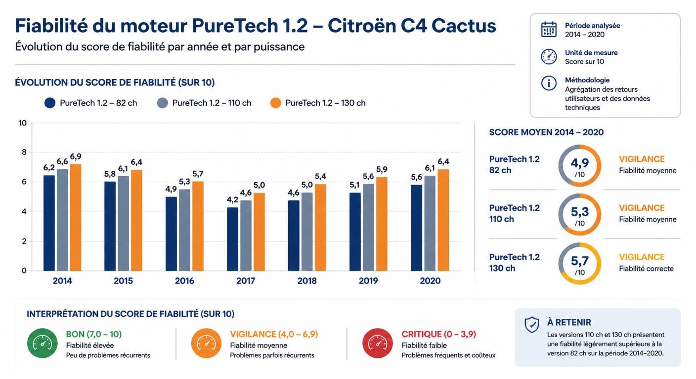 Infographie de l'évolution de la note de fiabilité PureTech 1.2 sur C4 Cactus entre 2014 et 2020