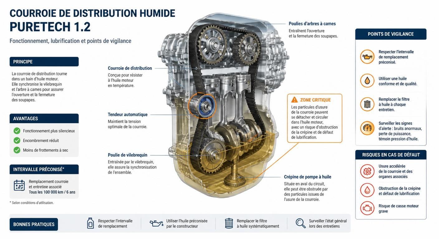 Infographie de l'anatomie d'une courroie de distribution humide PureTech 1.2 avec ses points critiques