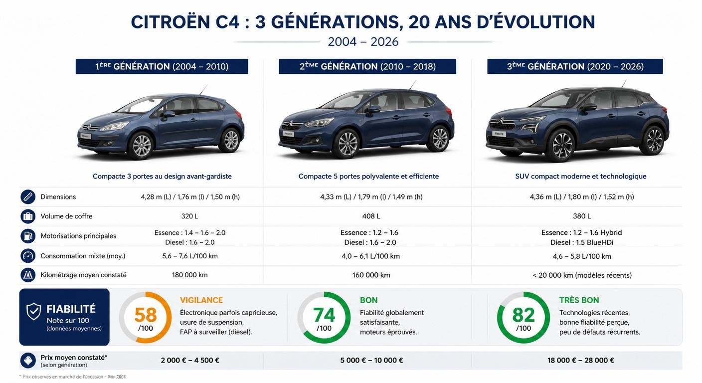 Infographie comparant les trois générations de Citroën C4 depuis 2004