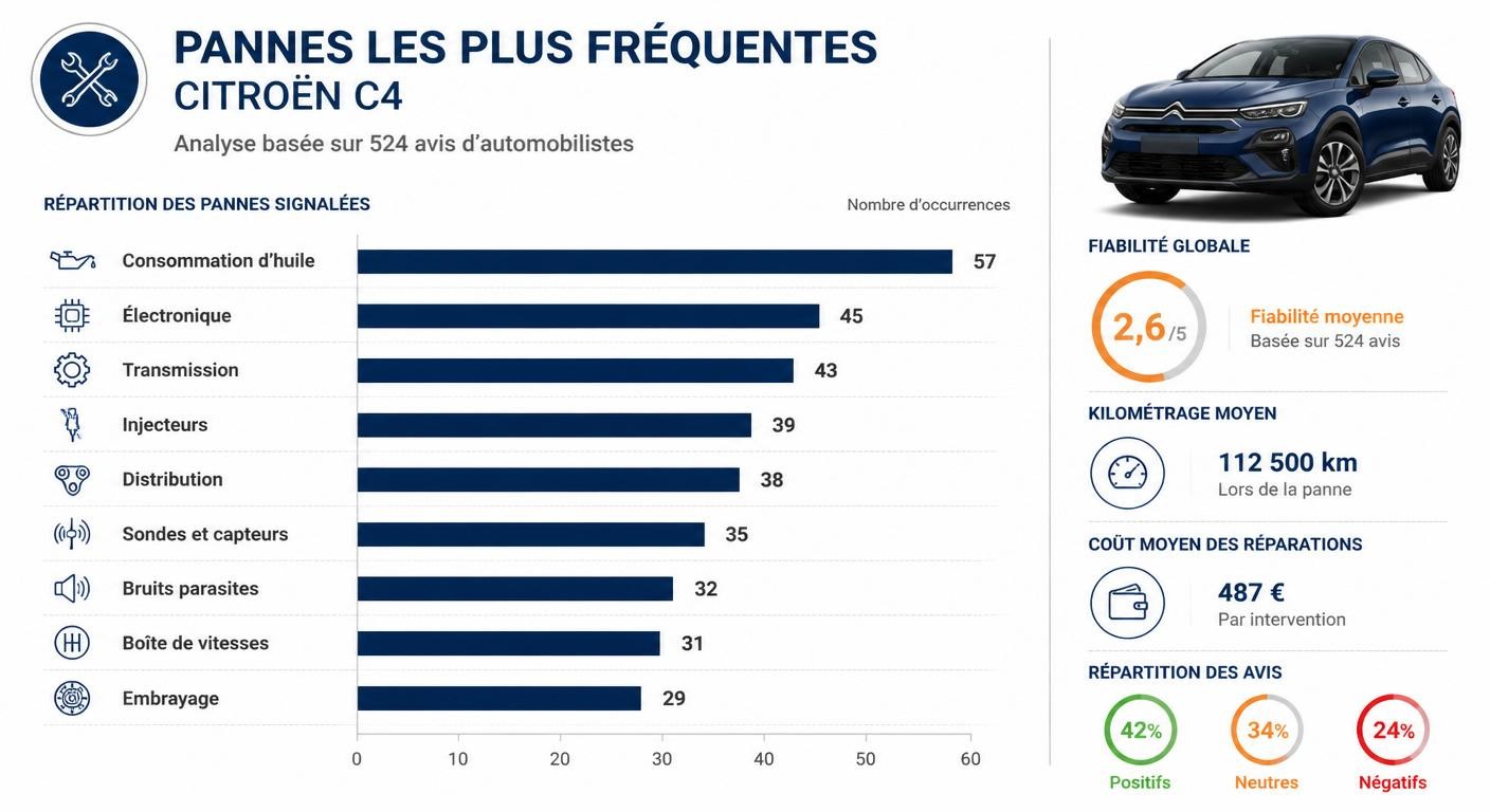 Répartition des pannes les plus fréquentes sur Citroën C4 d'après 524 avis propriétaires