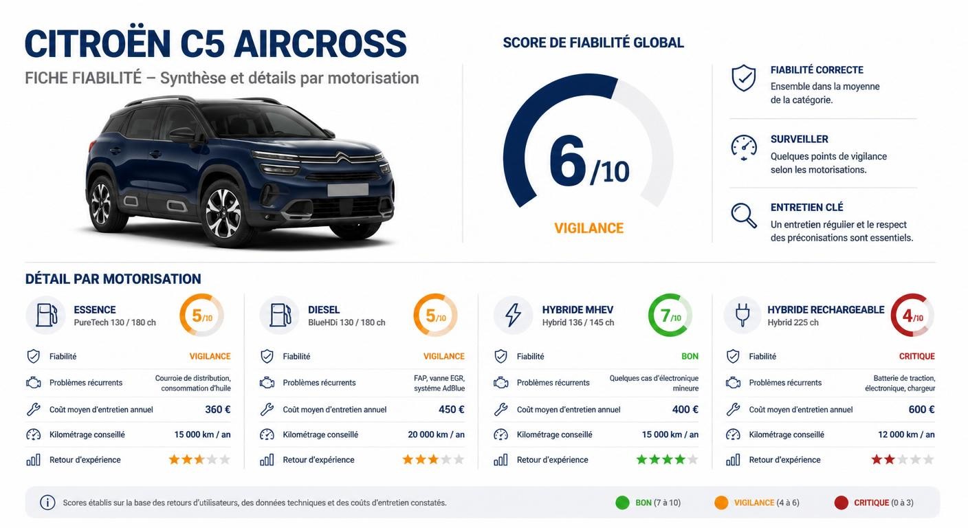 Infographie de la note de fiabilité du Citroën C5 Aircross par motorisation