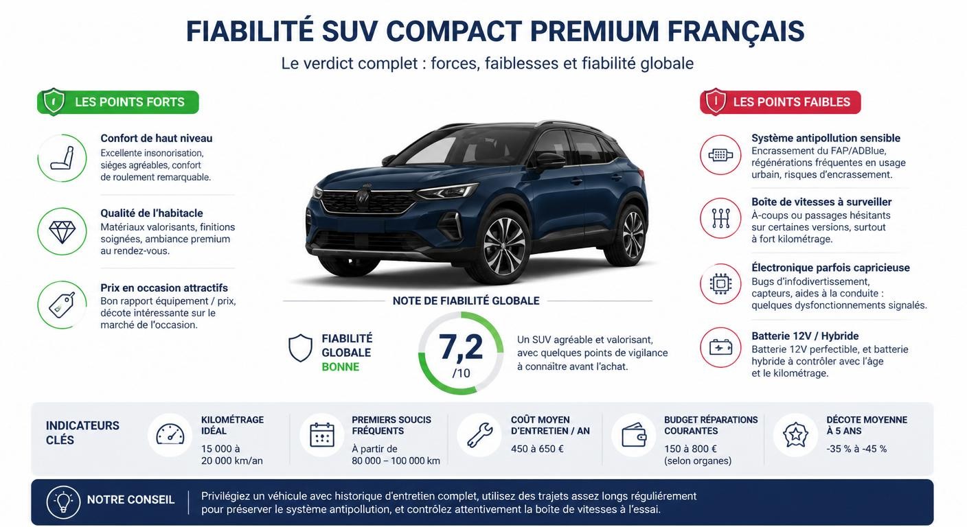 Infographie synthèse fiabilité DS7 Crossback : points forts et points faibles