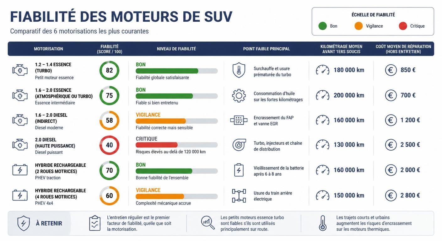 Infographie comparant la fiabilité des motorisations de la DS7 Crossback