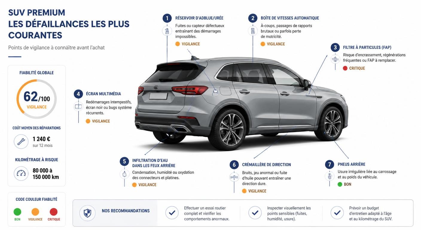 Infographie des pannes et points faibles connus de la DS7 Crossback