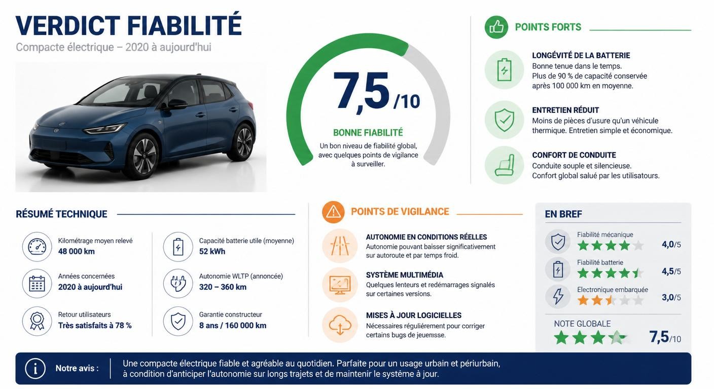 Infographie résumant le verdict de fiabilité de la Citroën e-C4 sur dix