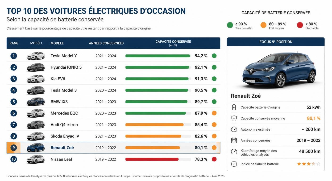 Classement des électriques d'occasion par conservation de capacité batterie, e-C4 en neuvième position