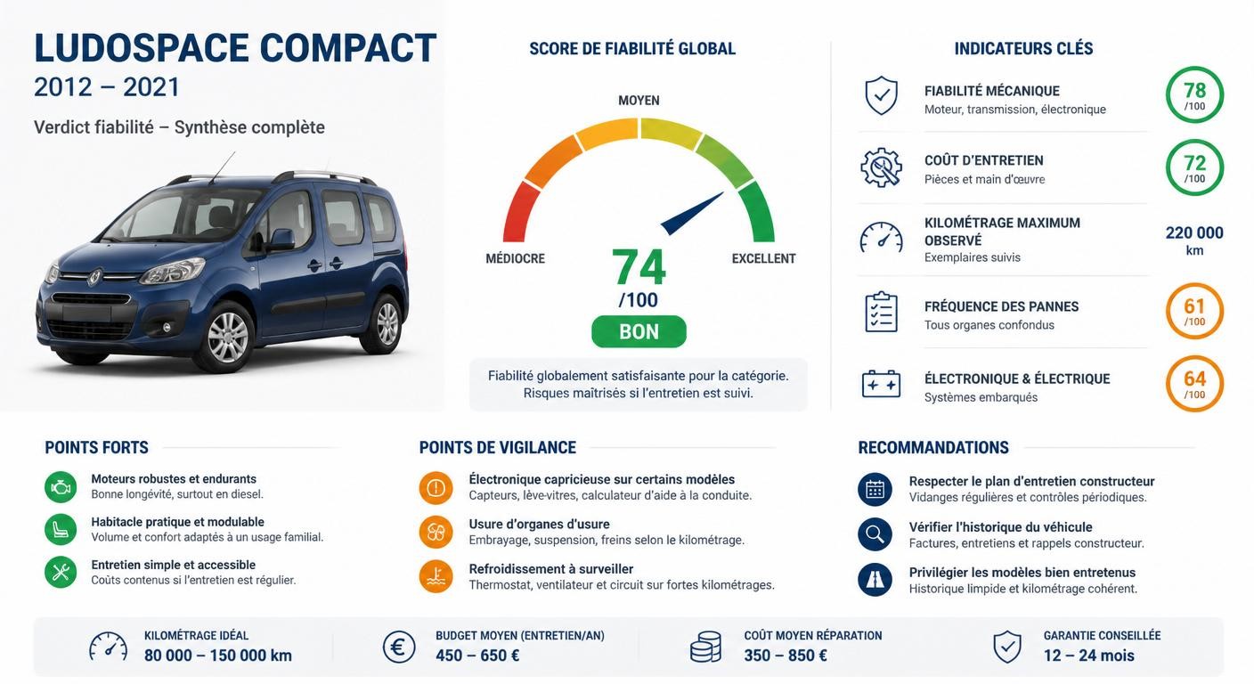 Infographie résumant le verdict de fiabilité de la Dacia Dokker d'occasion
