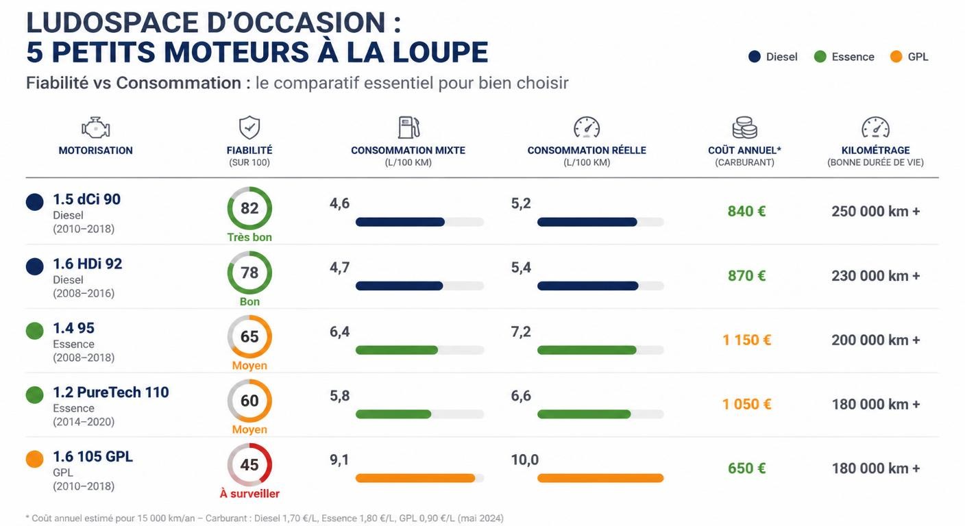 Infographie comparant la fiabilité et la consommation des moteurs de la Dacia Dokker