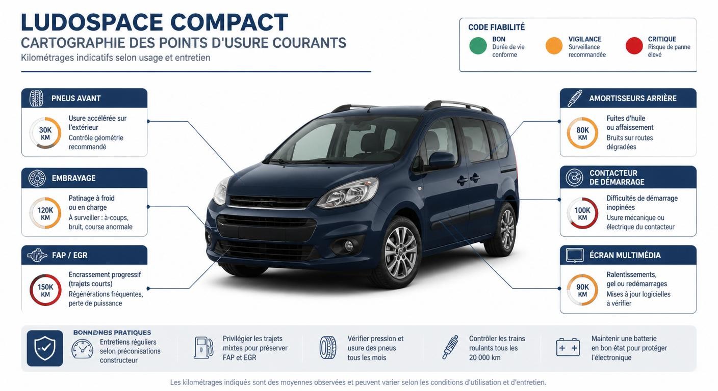 Infographie des points de panne à surveiller sur une Dacia Dokker d'occasion