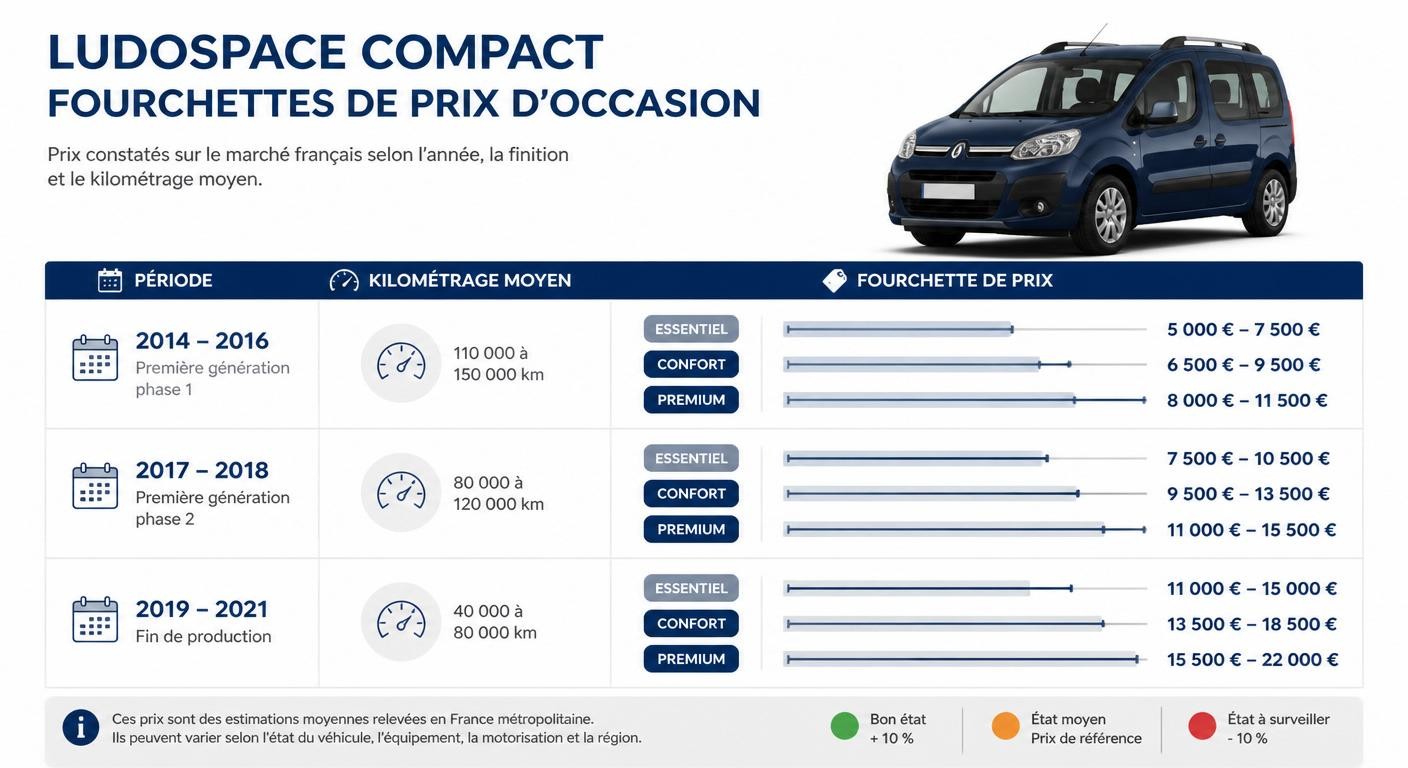 Infographie des fourchettes de prix de la Dacia Dokker d'occasion par millésime