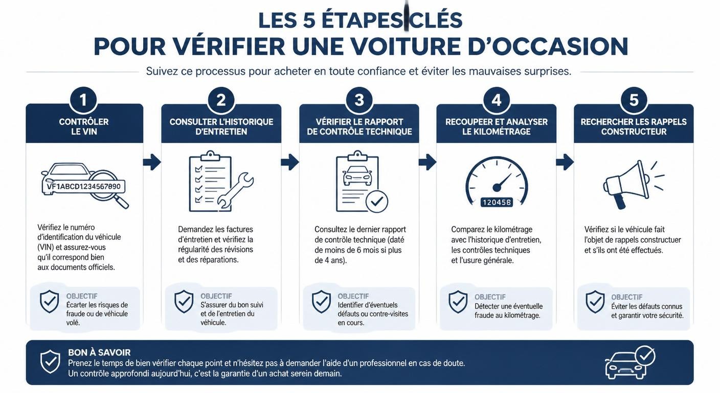 Infographie des étapes de vérification d'une Dacia Dokker avant achat