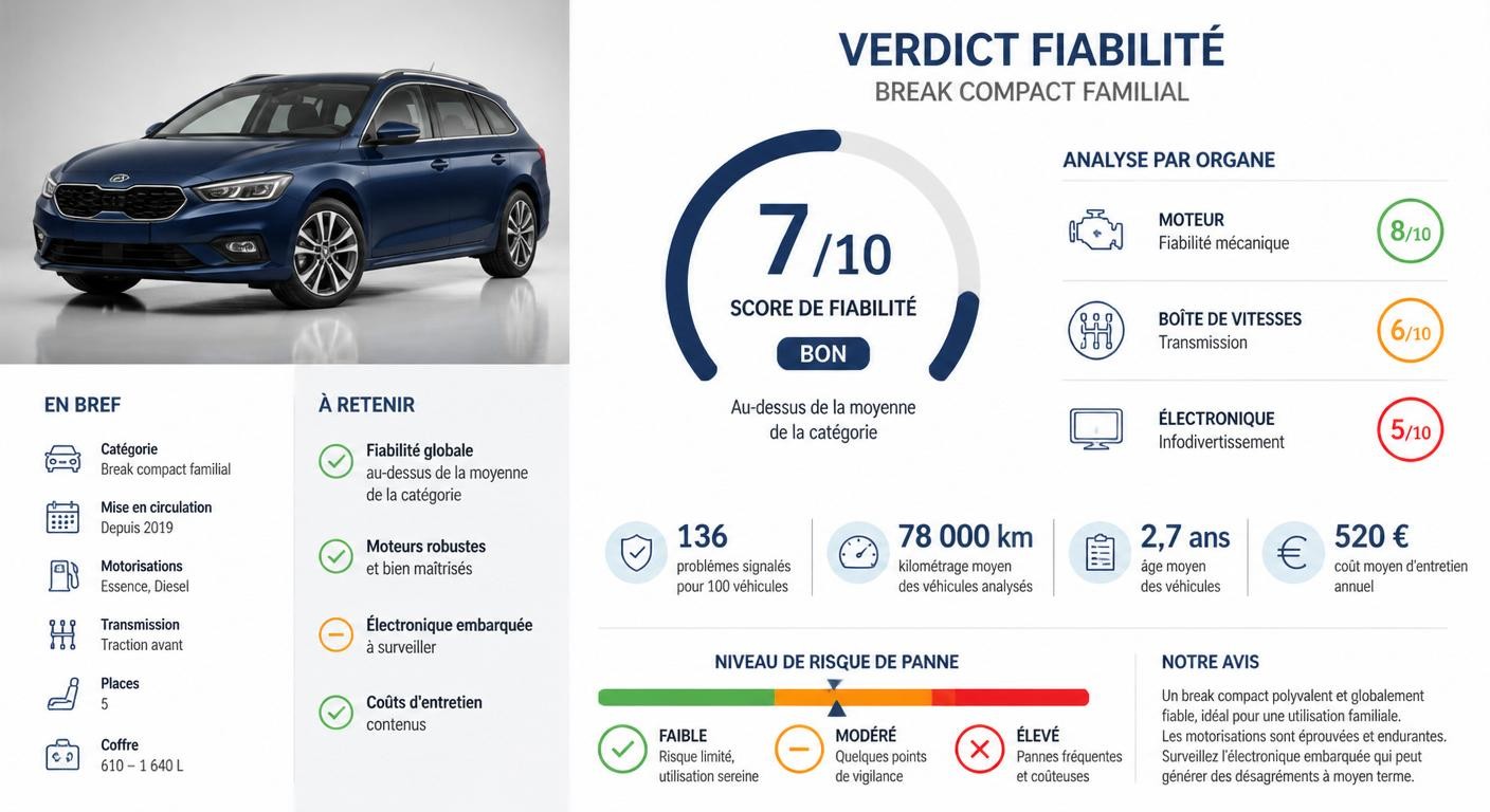 Infographie du verdict de fiabilité du Dacia Jogger avec score sur 10 et trois points de vigilance