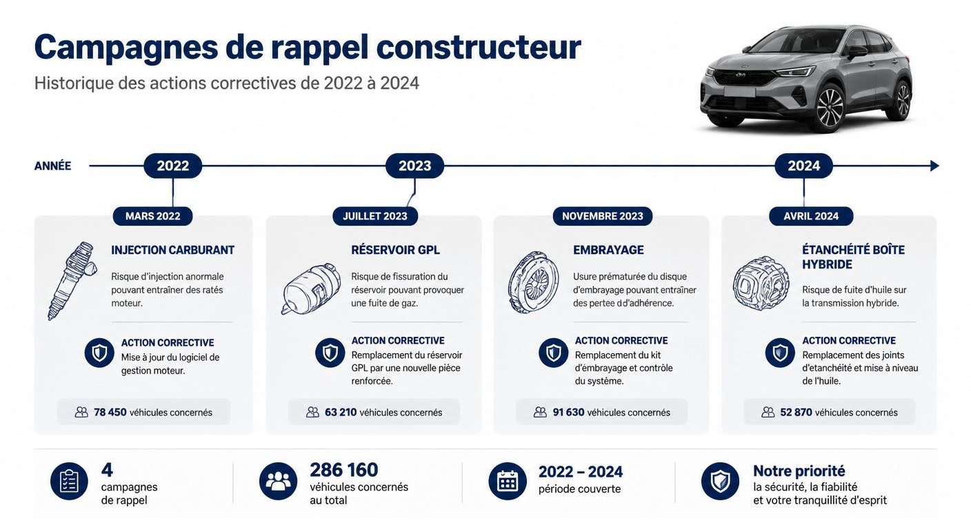 Frise chronologique des rappels constructeur du Dacia Jogger de 2022 à 2024