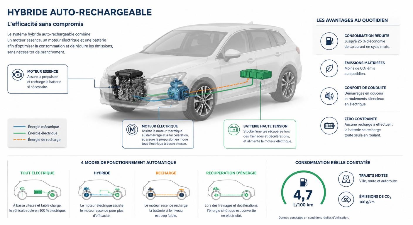 Infographie du fonctionnement et de la fiabilité de la motorisation hybride 140 du Dacia Jogger